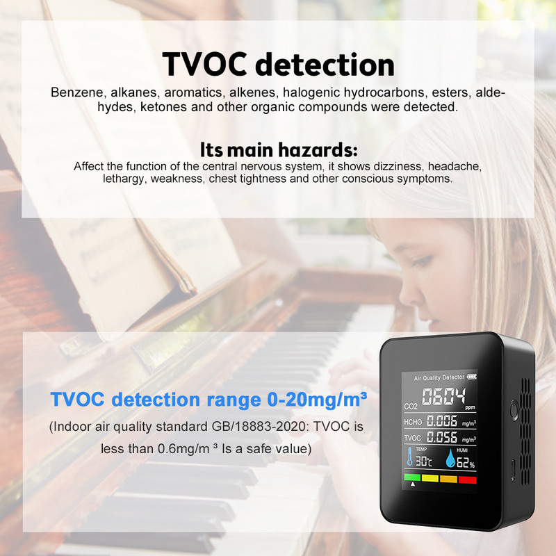 CO2 matuoklis 5 IN 1 dujų detektorius nešiojamas temperatūros drėgmės LCD skaitmeninis daugiafunkcis TVOC HCHO oro kokybės monitorius