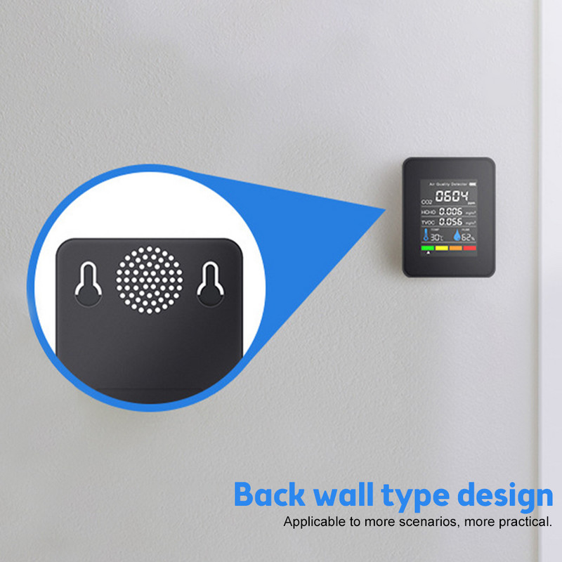 CO2 matuoklis 5 IN 1 dujų detektorius nešiojamas temperatūros drėgmės LCD skaitmeninis daugiafunkcis TVOC HCHO oro kokybės monitorius