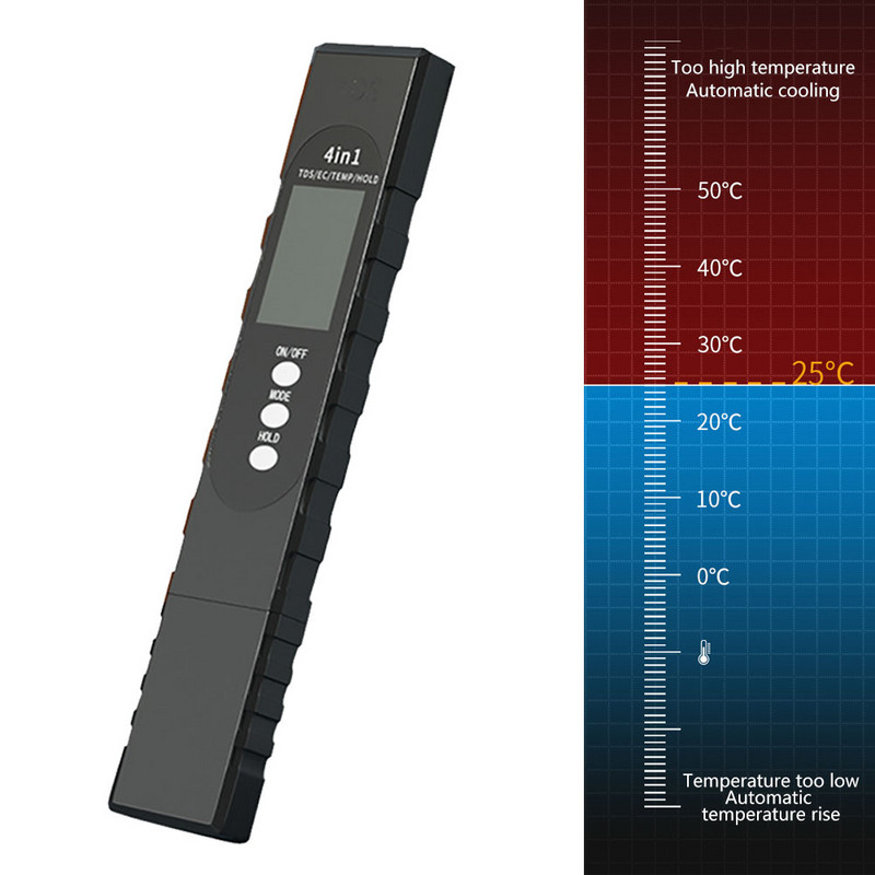 4 az 1-ben vezetőképesség-érzékelő Összes oldott szilárdanyag-tartalom 0-9999 ppm vízminőségi teszttoll hőmérséklet/EC/tartás ivóvíz akváriumhoz