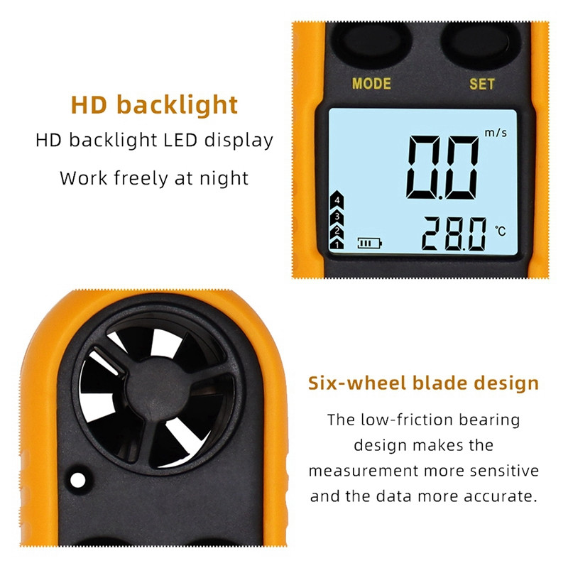 2-in1 käeshoitav anemomeeter, mis mõõdab õhukonditsioneeri, välistuule kiiruse temperatuuri, helitugevuse testerit