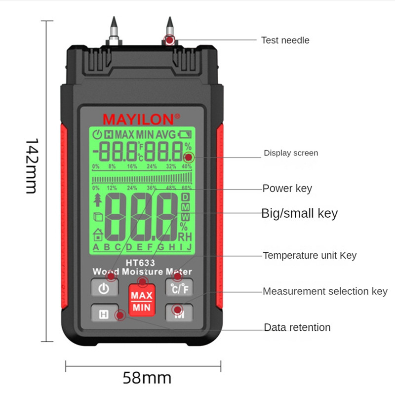 MAYILON HT633 LCD дисплей Цифров влагомер за дърво Тестер за влажност на дърво Хигрометър Детектор за влага в дърво