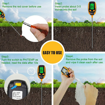 Измервател на рН на почвата, тестер за влага на почвата 4 в 1, дигитален измервател на влажността на растенията с рН/температура/светлина, измервател на влагата на почвата