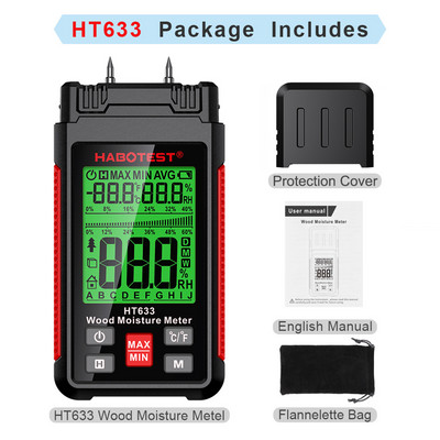 HT633 digitális fa nedvességmérő professzionális 0-57%-os fa nedvességmérő hordozható eszköz LCD kijelző fa nedvességérzékelő