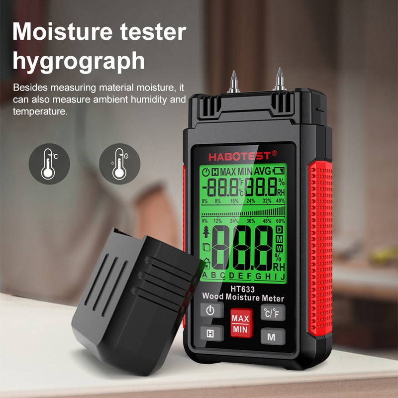 HT633 digitális fa nedvességmérő professzionális 0-57%-os fa nedvességmérő hordozható eszköz LCD kijelző fa nedvességérzékelő