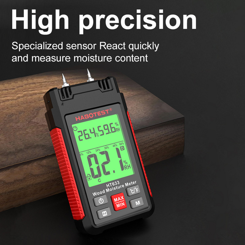 HT633 digitális fa nedvességmérő professzionális 0-57%-os fa nedvességmérő hordozható eszköz LCD kijelző fa nedvességérzékelő