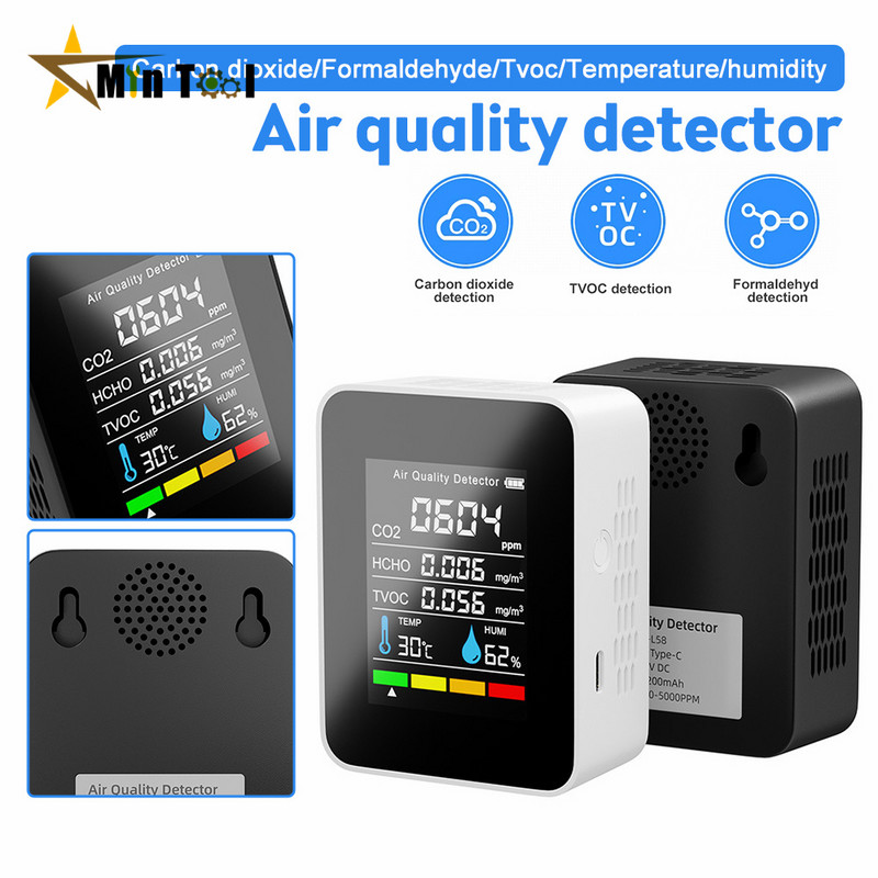 CO2 mérő 5 IN 1 gázérzékelő hőmérséklet páratartalom LCD digitális multifunkciós TVOC HCHO levegőminőség mérő