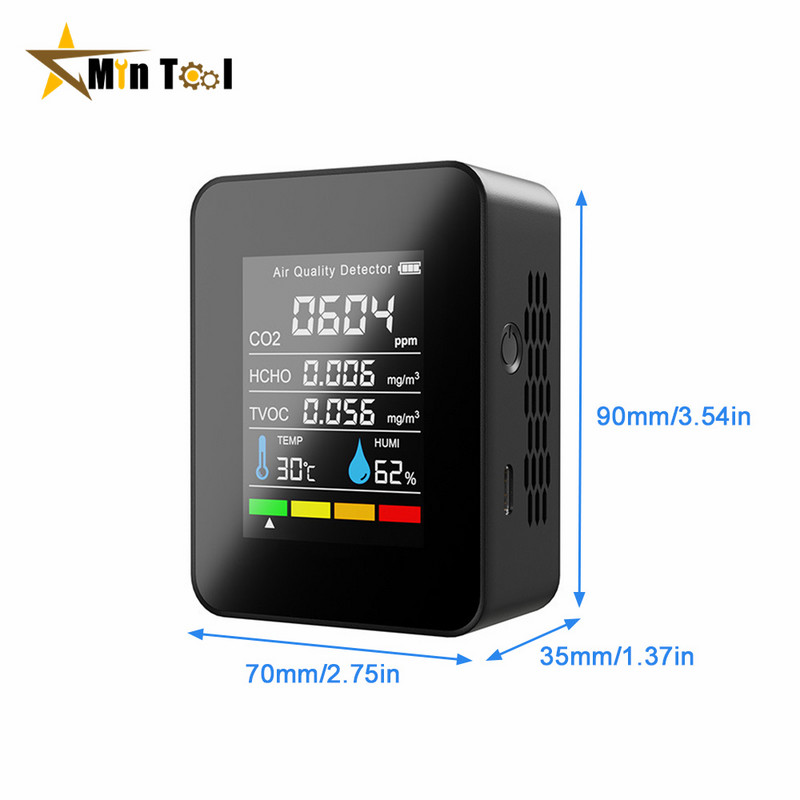 CO2 mérő 5 IN 1 gázérzékelő hőmérséklet páratartalom LCD digitális multifunkciós TVOC HCHO levegőminőség mérő