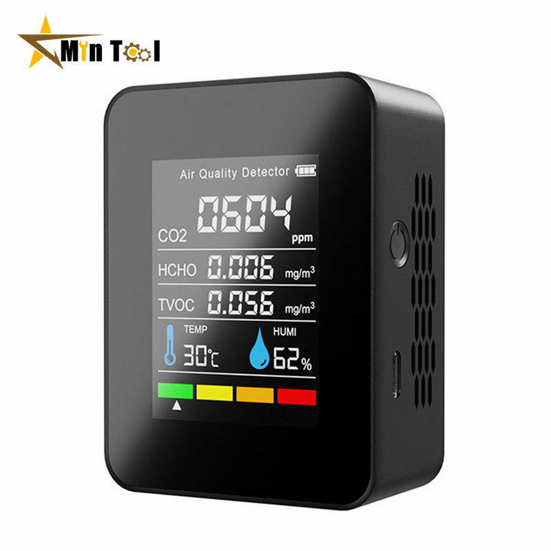 CO2 mérő 5 IN 1 gázérzékelő hőmérséklet páratartalom LCD digitális multifunkciós TVOC HCHO levegőminőség mérő