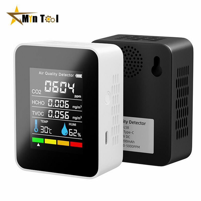 CO2 mérő 5 IN 1 gázérzékelő hőmérséklet páratartalom LCD digitális multifunkciós TVOC HCHO levegőminőség mérő