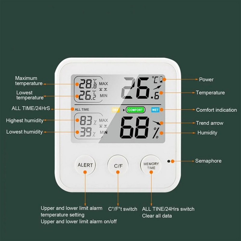 Vidaus kūdikių kambario oro stoties LCD temperatūros jutiklis Skaitmeninis termo-higrometras Elektroninis termometras Higrometras
