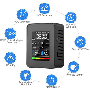 5 в 1 Монитор за качество на въздуха TVOC HCHO Измервател на температура и влажност на CO2, USB акумулаторен детектор за CO2