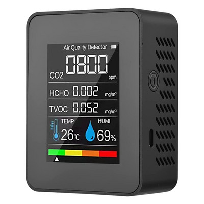 5 az 1-ben levegőminőség monitor TVOC HCHO hőmérséklet páratartalom CO2 mérő, USB újratölthető CO2 érzékelő