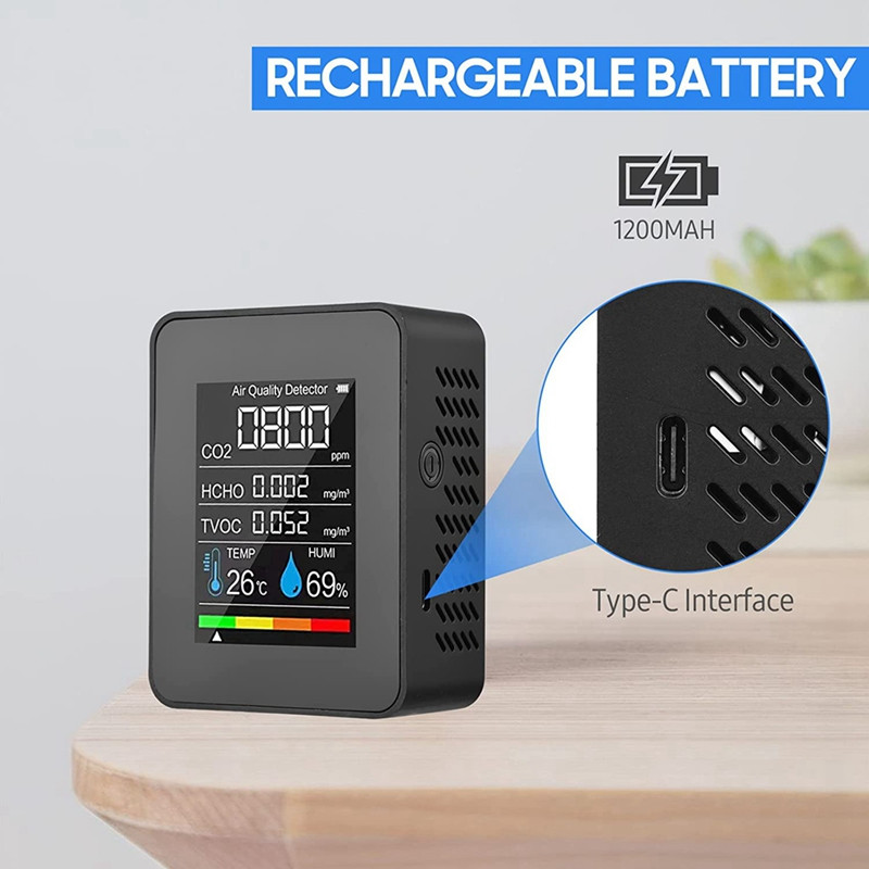 5 viename oro kokybės monitorius TVOC HCHO temperatūros drėgmės CO2 matuoklis, USB įkraunamas CO2 detektorius