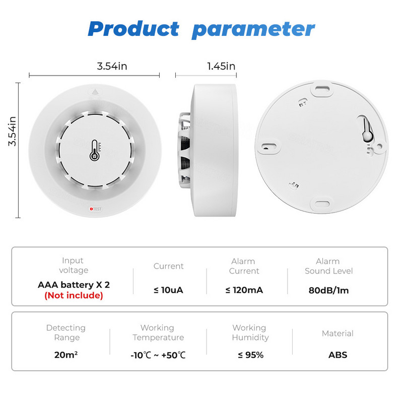 „Tu-ya Wifi BT“ dūmų detektorius dviejų jungčių temperatūros drėgmės matavimo prietaisas 80 dB garso signalizacijos nuotolinio stūmimo įspėjimo funkcija