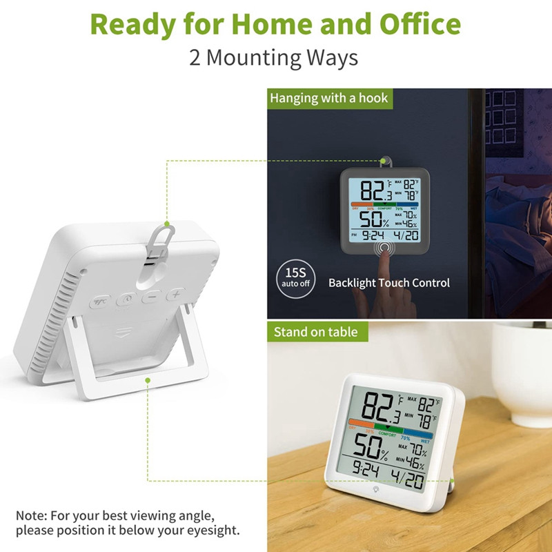 2 Pack Ψηφιακό θερμόμετρο Υγρόμετρο εσωτερικού χώρου Ρολόι Βαθμονόμηση Ημερολογίου Οπίσθιος φωτισμός , μετρητής θερμοκρασίας Παρακολούθηση υγρασίας