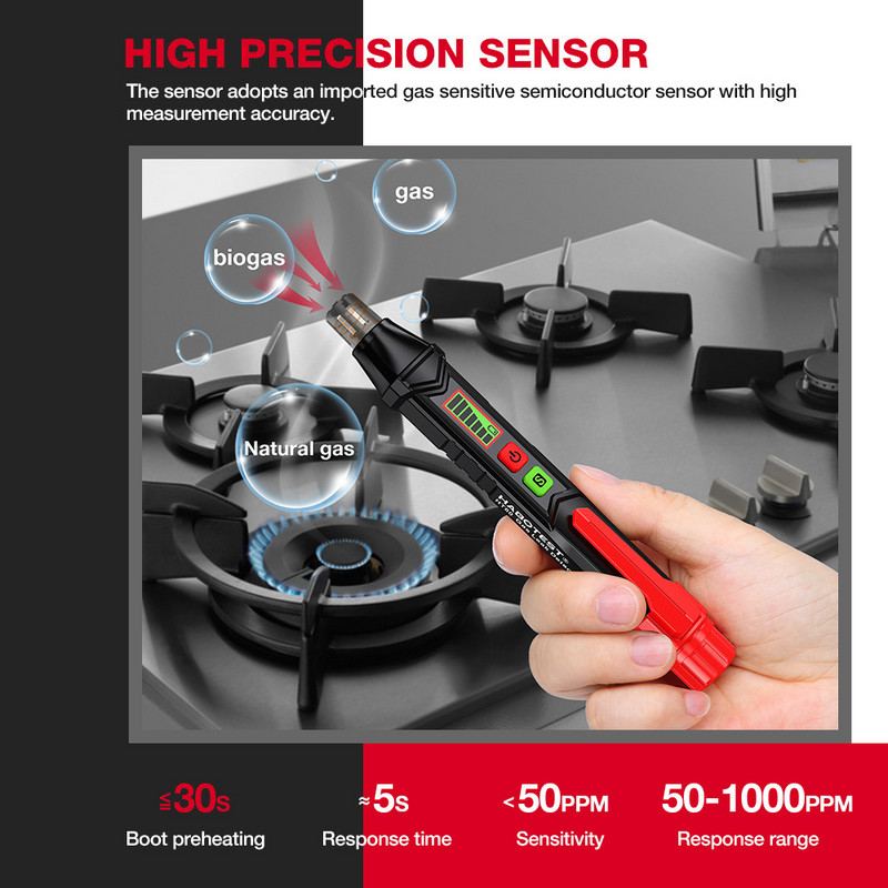 HABOTEST HT60 maagaasiandur koos heli- ja visuaalalarmiga kaasaskantav minigaasi nuusutaja põlevgaasilekke detektor