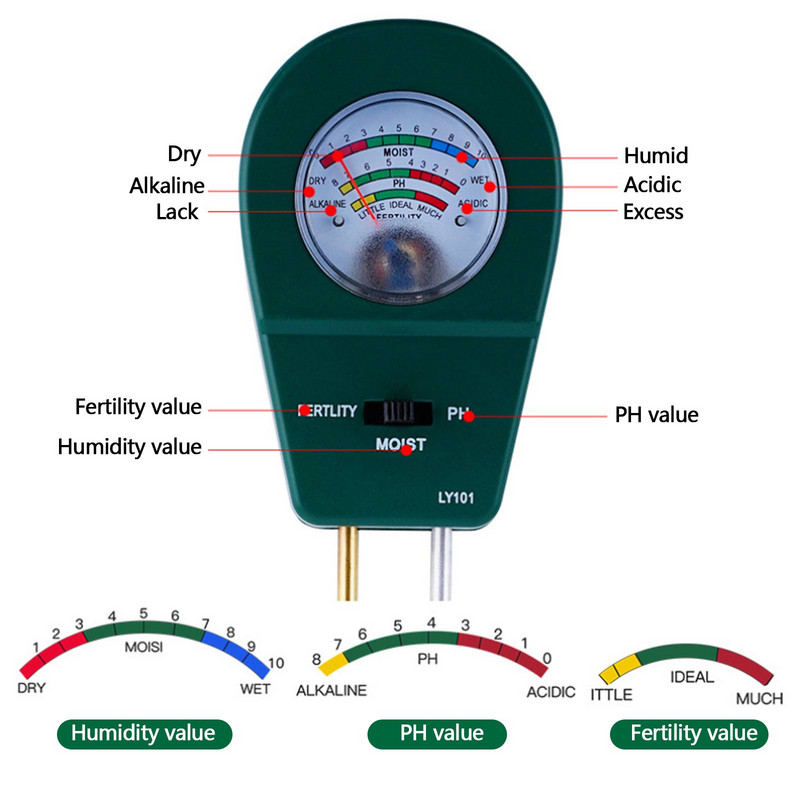 3-ühes mulla tester mulla niiskuse viljakuse PH tester digitaalse ekraaniga taimede kasvu jaoks Aiatalu muru siseruumides väljas