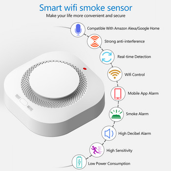 Tuya WiFi Интелигентна аларма за дим Пожарни сензори за дим Предупреждение за известие за приложение Сензори за дим в реално време Съвместими с Alexa