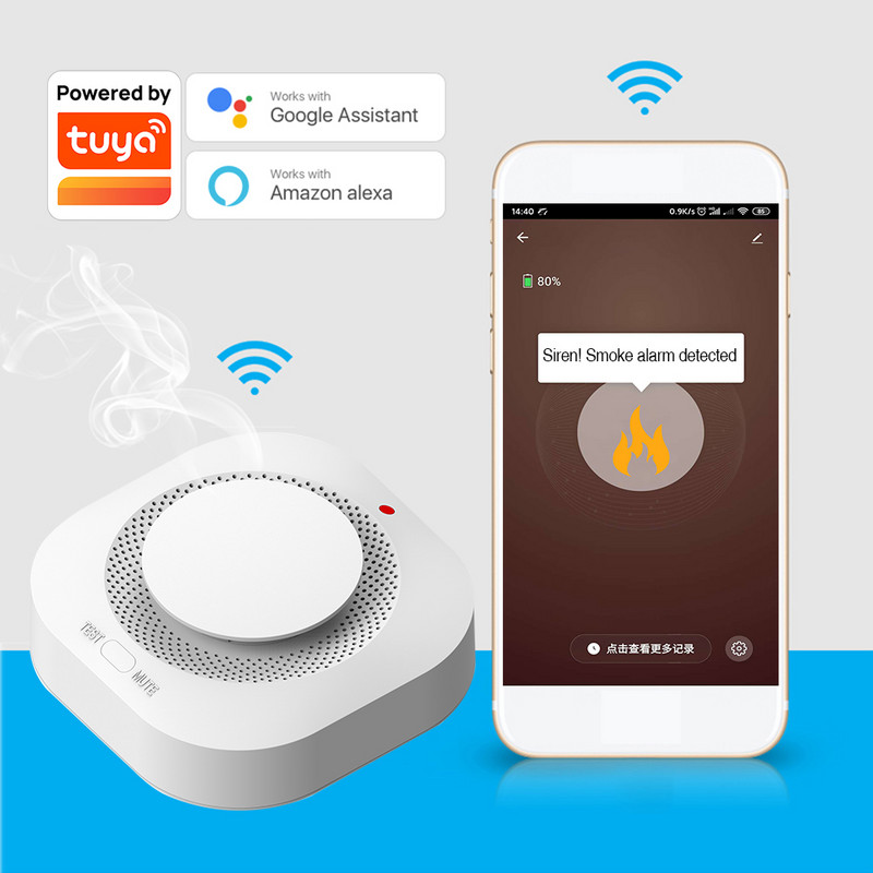 „Tuya WiFi“ išmanusis dūmų signalizacijos gaisro dūmų jutikliai APP įspėjimas, realaus laiko dūmų jutikliai, suderinami su „Alexa“