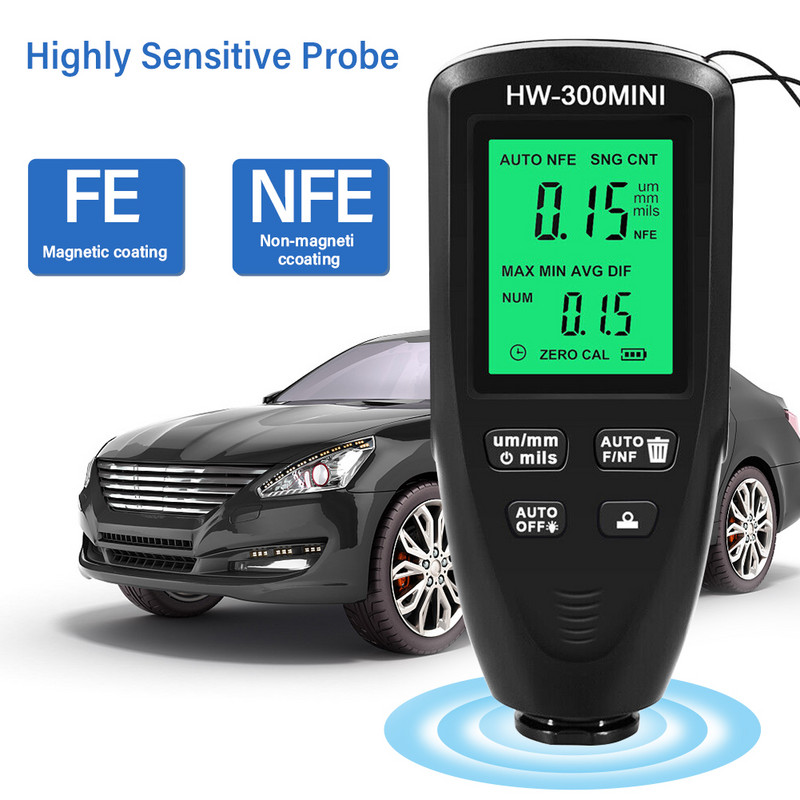 Digitaalne LCD kattekihi paksuse mõõtur 0-2000 UM värvikilemõõtur FE/NFE autokile minipaksuse tester värvimistööstuse tööriist