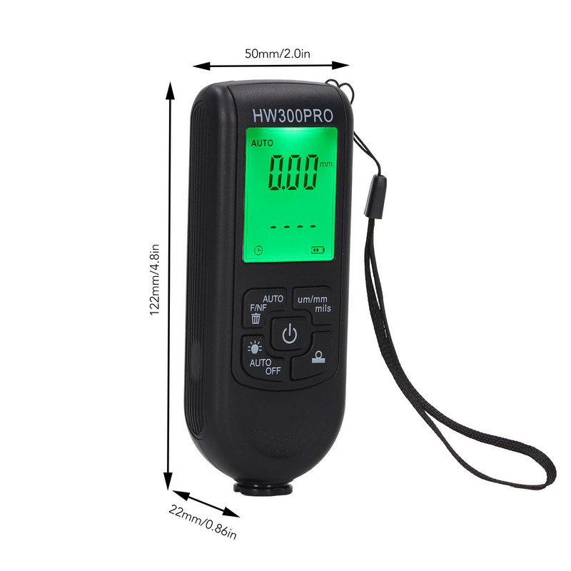 HW-300PRO digitālā pārklājuma biezuma mērītājs ABS ar pārnēsājamu virves automātiskās izslēgšanas funkcijas krāsas pārklājuma mērītāju