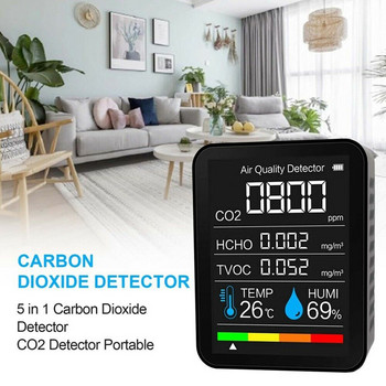 Преносим 5 в 1 детектор за въглероден диоксид CO2 детектор Цифров тестер за температура и влажност HCHO TVOC Монитор за качество на въздуха