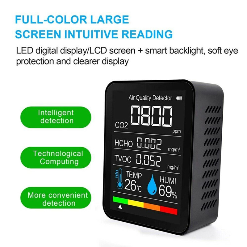 Nešiojamas 5 viename anglies dioksido detektorius CO2 detektorius skaitmeninis temperatūros drėgmės testeris HCHO TVOC oro kokybės monitorius