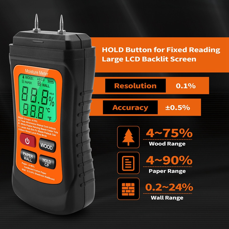 Medienos drėgmės matuoklis, 8-IN1 skaitmeninis drėgmės matuoklis, tikslaus kaiščio tipo vandens nuotėkio detektoriaus pelėsių testeris, drėgmės matuoklis