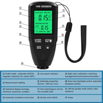 Mini HW300 Уред за измерване на дебелината на автомобилната боя Инструменти за проверка Тестер Цифрово устройство за измерване на автомобилна боя Paint Visvisits Meter