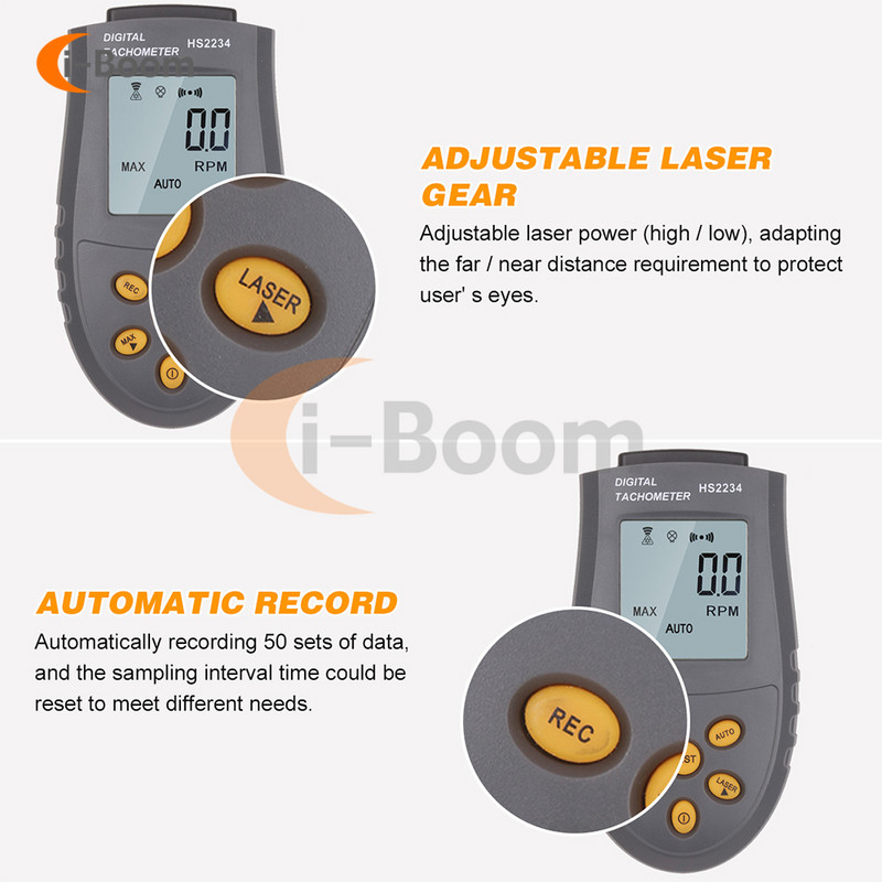 HS2234 skaitmeninis tachometras bekontaktis lazerinis tachometras automatinis matavimo spidometras LCD ekranas Fotoelektrinis tachometras