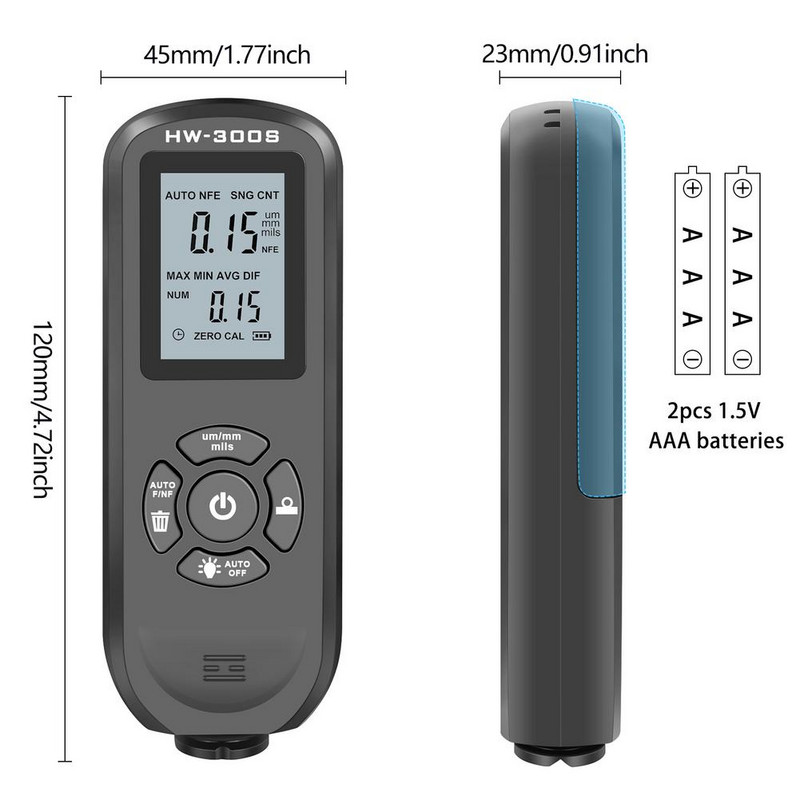 HW-300S skaitmeninis LCD plėvelės storio matuoklis Automobilio dažų storio testeris Dangos storio matuoklis 0-2000um rankinis dažymo įrankis