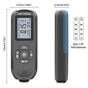 HW-300S Цифрова подсветка Измервател на дебелината на LCD филма Тестер за дебелина на боята на автомобила Измервател на дебелината на покритието Инструмент за измерване