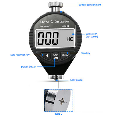 Тестер за твърдост LCD дисплей Измервател Shore 0-100 A/C/D Цифров Shore Durometer Склерометър Каучуков тестер за твърдост Измервател Параграф