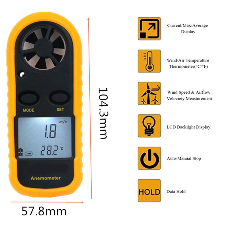 2 viename rankinis anemometras, matuojantis oro kondicionavimo lauko vėjo greitį, temperatūros tūrio matuoklį