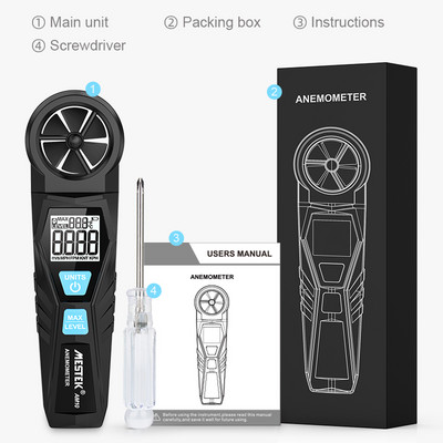 Skaitmeninis anemometras Vėjo greičio matuoklis CFM matuoklis Oro srauto greičio matuoklis Penkių režimų pasukamas rankinis anemometras