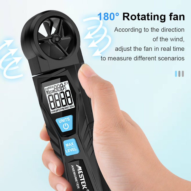 Skaitmeninis anemometras Vėjo greičio matuoklis CFM matuoklis Oro srauto greičio matuoklis Penkių režimų pasukamas rankinis anemometras