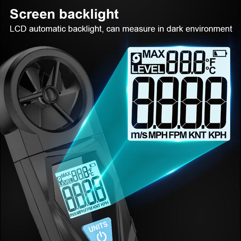 Skaitmeninis anemometras Vėjo greičio matuoklis CFM matuoklis Oro srauto greičio matuoklis Penkių režimų pasukamas rankinis anemometras