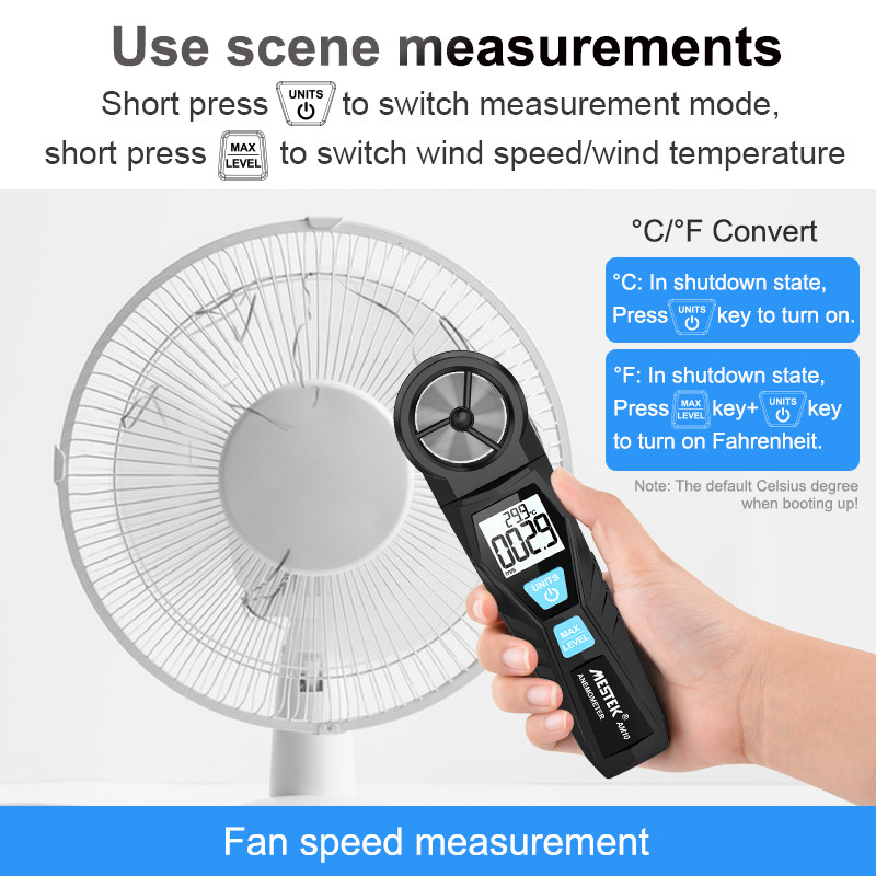 Skaitmeninis anemometras Vėjo greičio matuoklis CFM matuoklis Oro srauto greičio matuoklis Penkių režimų pasukamas rankinis anemometras