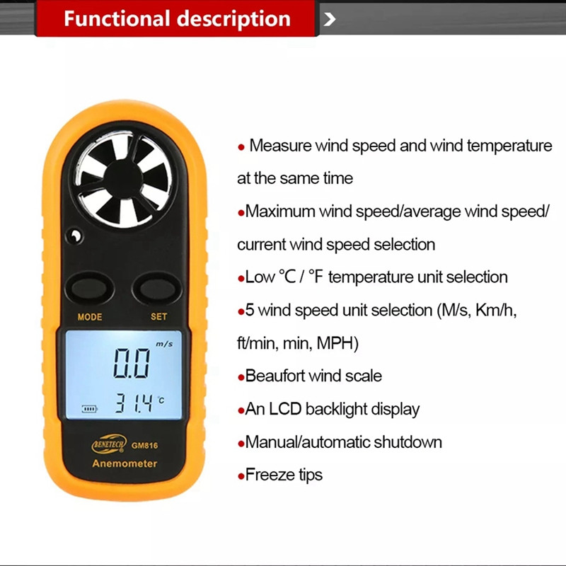 BENETECH anemometro vėjo greičio GM816 skaitmeninis mini oro greičio oro srauto temperatūra su LCD foniniu apšvietimu Vėjo greičio matuoklio foninis apšvietimas