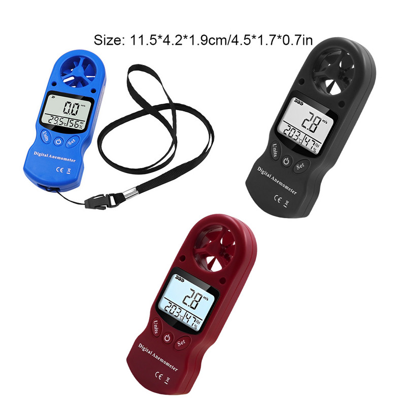Daugiafunkcis anemometras su pakabinamu lynu Skaitmeninis ekranas Rankinis vėjo greičio drėgmės matuoklis Higrometras termometras juodas
