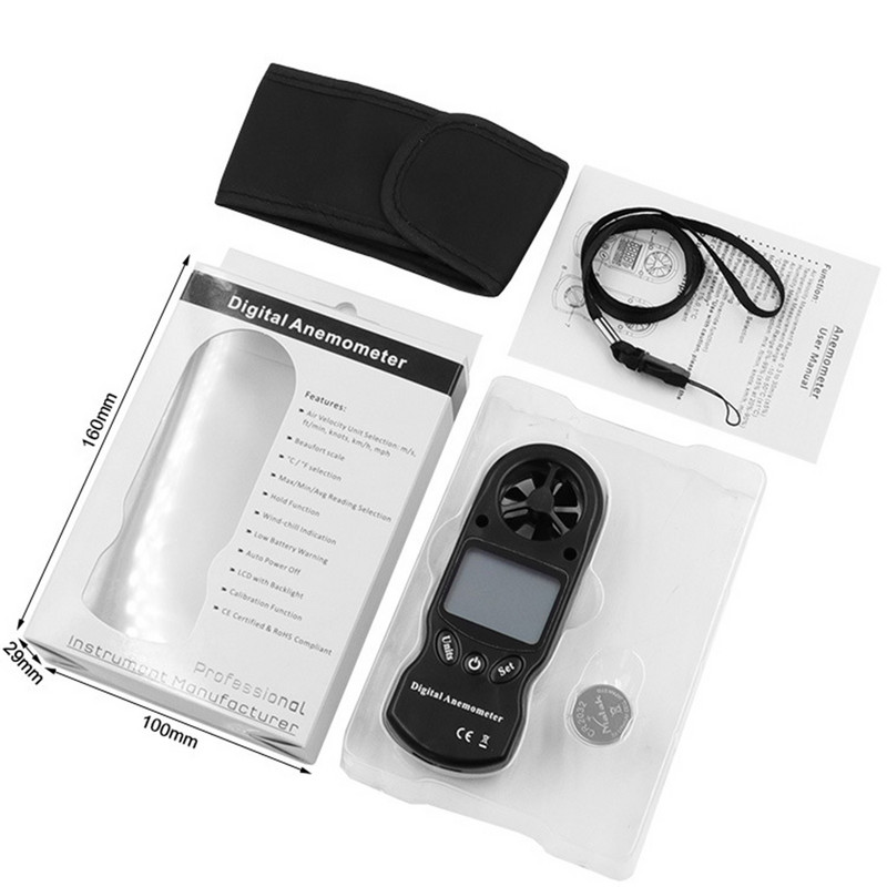 Daugiafunkcis anemometras su pakabinamu lynu Skaitmeninis ekranas Rankinis vėjo greičio drėgmės matuoklis Higrometras termometras juodas