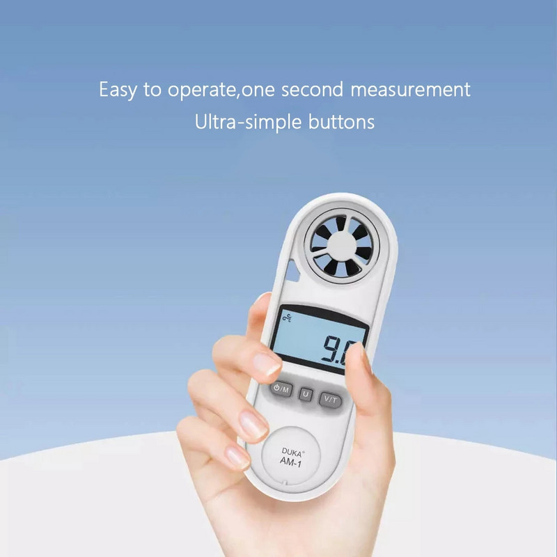 DUKA skaitmeninis anemometras AM-1 nešiojamas rankinis vėjo greičio matuoklis su apšvietimu LCD vėjo greičio vėjo temperatūros matavimas