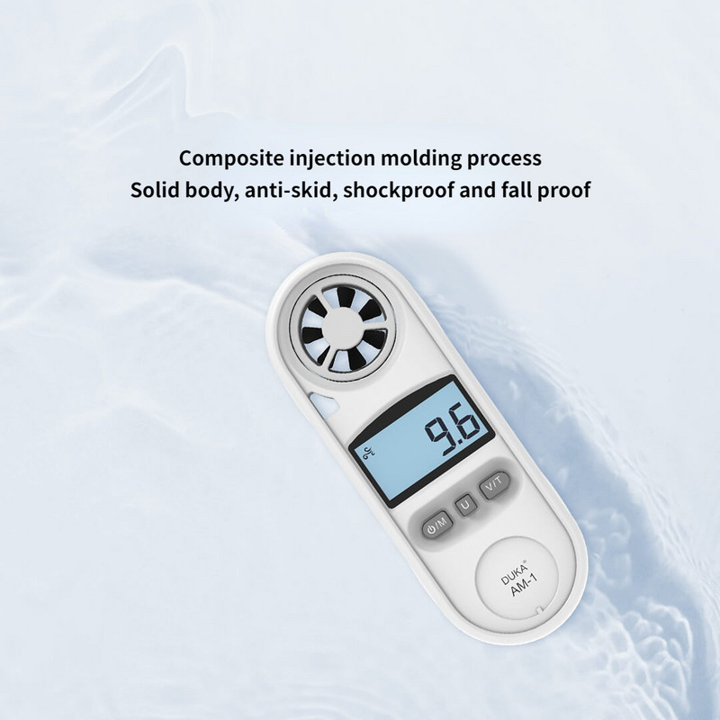 DUKA skaitmeninis anemometras AM-1 nešiojamas rankinis vėjo greičio matuoklis su apšvietimu LCD vėjo greičio vėjo temperatūros matavimas