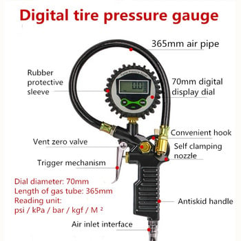 Цифров автомобил ЕС Манометър за налягане на въздуха в гумите LCD дисплей LED подсветка Тестер за превозни средства Мониторинг на надуване с батерии