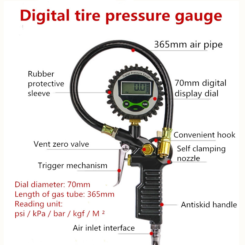 Skaitmeninis automobilis EU padangų oro slėgio pripūtimo matuoklis LCD ekranas LED apšvietimas transporto priemonės testeris Pripūtimo stebėjimas su baterijomis