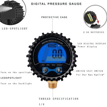 Цифров манометър за налягане в гумите, високопрецизен 3-255PSI подсветка, LCD дисплей, медна резба, манометър за въздух за кола, мотоциклет