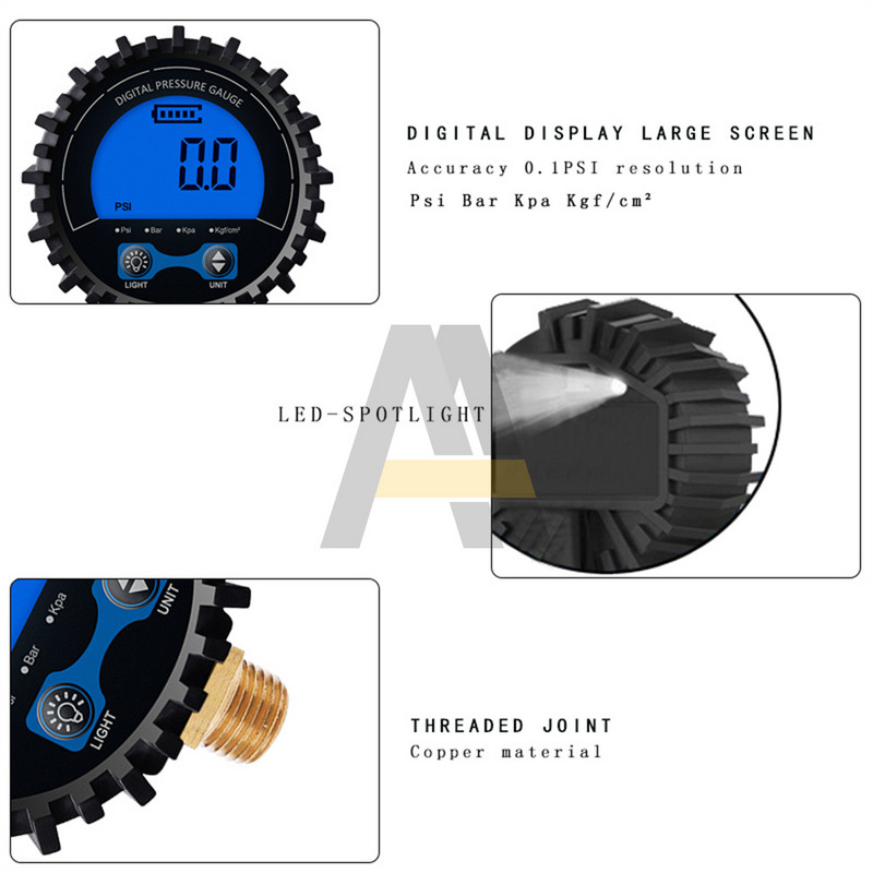 Skaitmeninis padangų slėgio matuoklis, didelio tikslumo 3-255 PSI foninio apšvietimo LCD ekranas vario sriegio oro slėgio matuoklis, skirtas automobilių motociklams