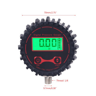 0-255PSI Digitalni mjerač tlaka u gumama 1/4" 1/8" sa svjetiljkom za automobile, kamione, vozila, bicikle, motocikle, mjerač tlaka u gumama
