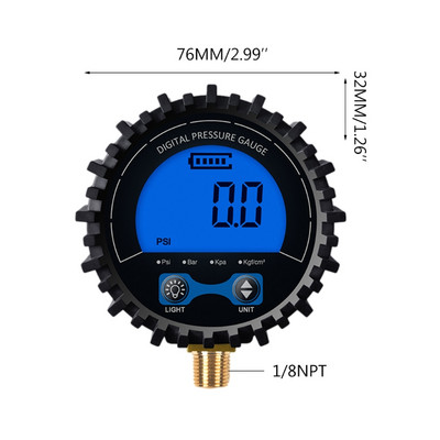 0-255PSI Digitalni mjerač tlaka u gumama 1/4" 1/8" sa svjetiljkom za automobile, kamione, vozila, bicikle, motocikle, mjerač tlaka u gumama