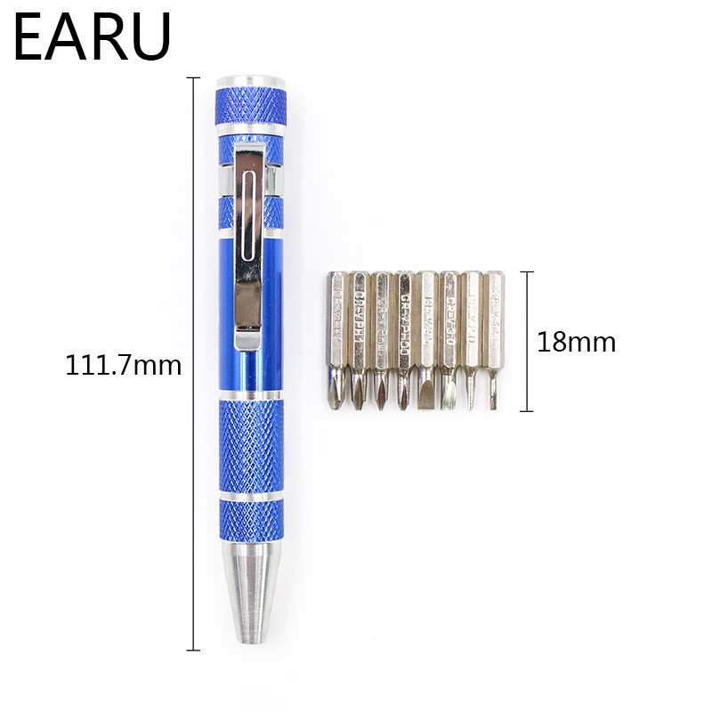Daudzfunkcionāls 8 vienā Mini alumīnija precīzās pildspalvas skrūvgriezis Skrūvgriežu komplekts Remonta rīku komplekts mobilajam tālrunim Rokas instrumentu komplekts